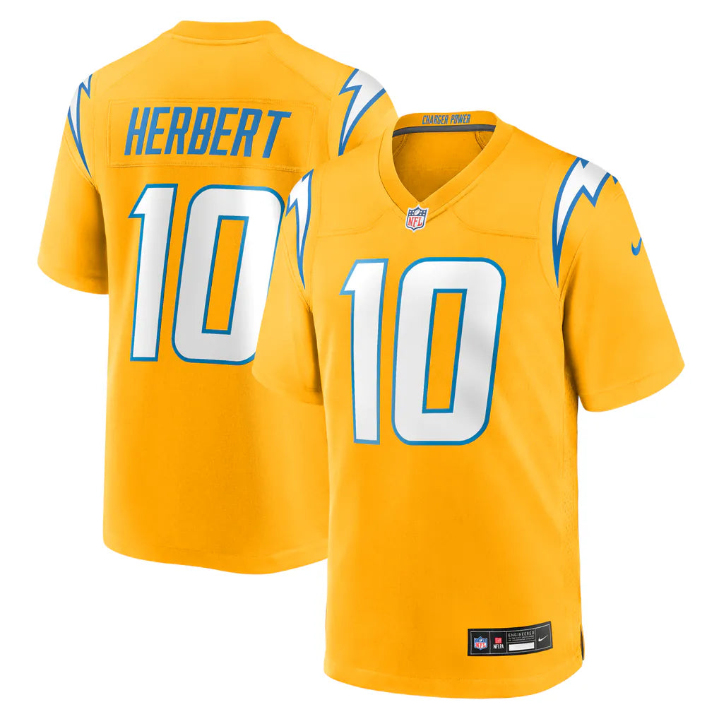 Justin Herbert Los Angeles Chargers #10 Gold Football Jersey Adult Men's Sizes