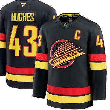 Quinn Hughes Vancouver Canucks #43 Black, Red & Yellow Hockey Jersey Adult Men's Sizes