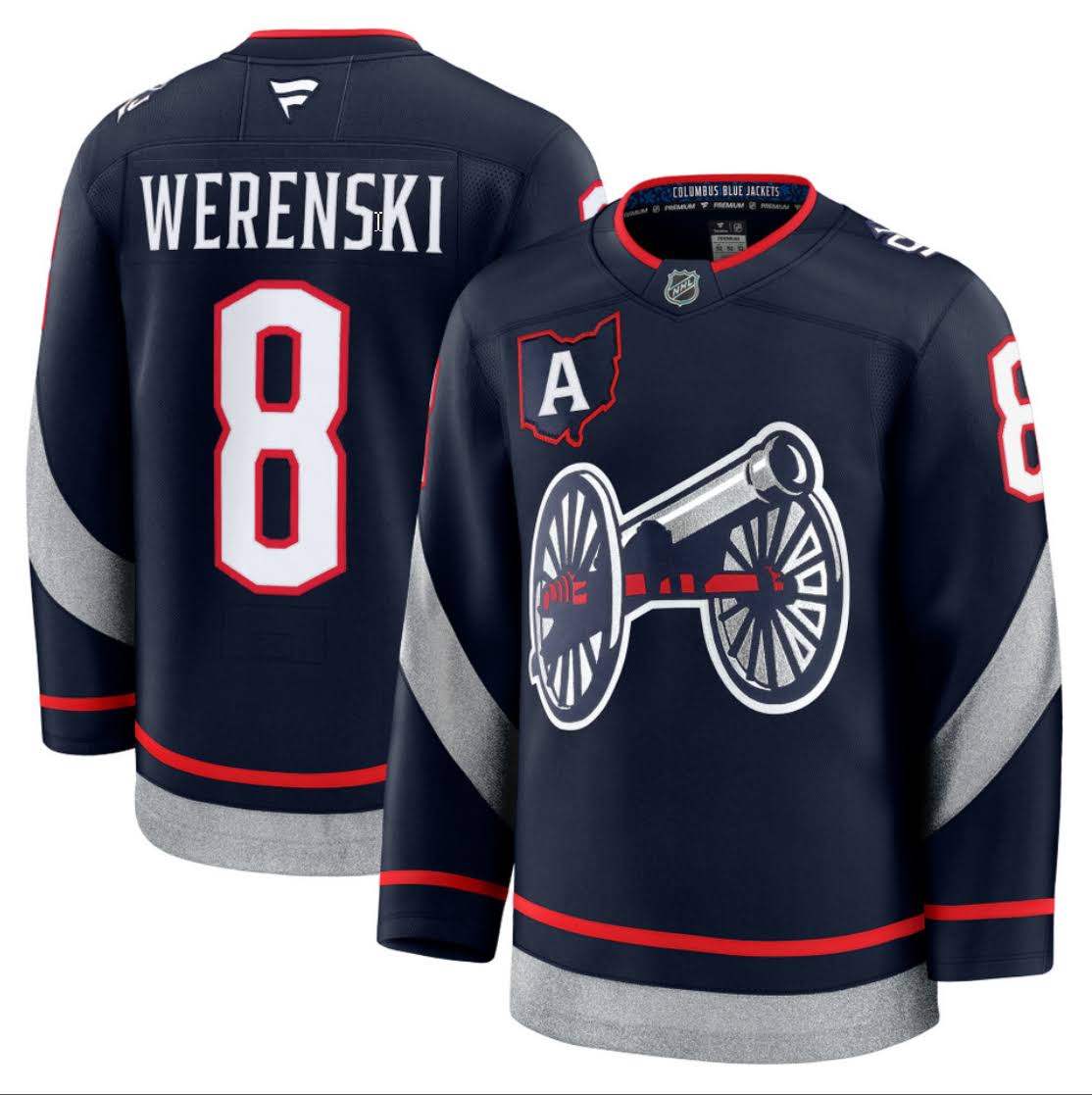Zach Werenski Columbus Blue Jackets #8 Gray, Navy Blue & Red Hockey Jersey Adult Men's Sizes