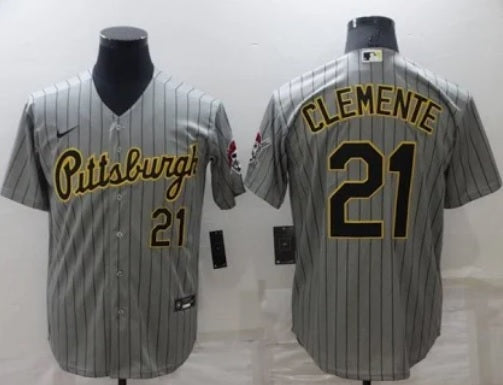 Roberto Clemente Pittsburgh Pirates Gray Pinstripe Pirates on Front Jersey Adult Men's Sizes