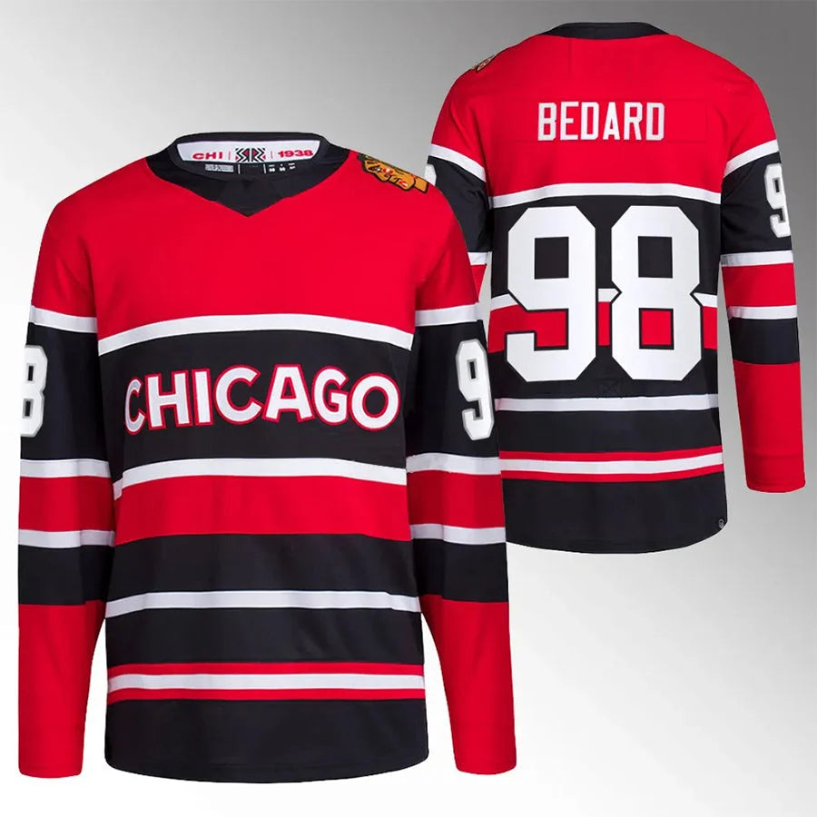 Connor Bedard Chicago Blackhawks #98 Red & Black Reverse Retro Hockey Jersey Adult Men's Sizes