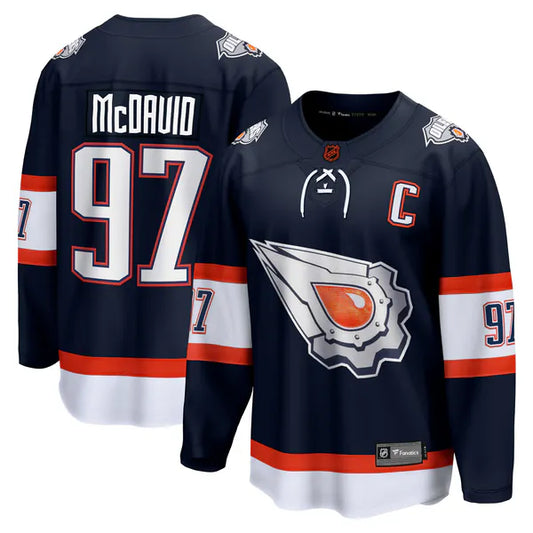 Connor McDavid Edmonton Oilers #97 Navy Blue, White & Orange Hockey Jersey Adult Men's Sizes