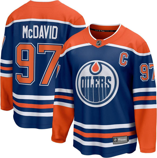 Connor McDavid Edmonton Oilers #97 Royal Blue & Orange Hockey Jersey Adult Men's Sizes