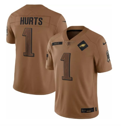 Jalen Hurts #1 2023 Salute to Service Brown Philadelphia Eagles Football Jersey