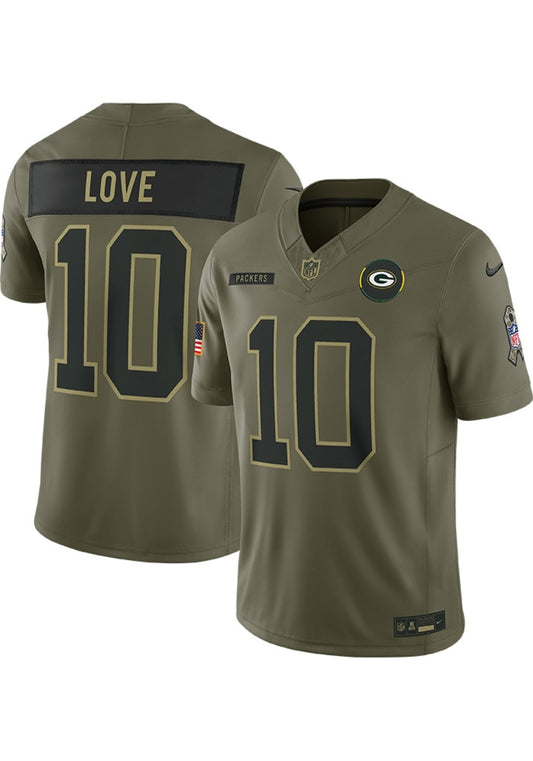 Jordon Love Green Bay Packers #10 Olive Salute To Service Football Jersey Adult Men's Sizes