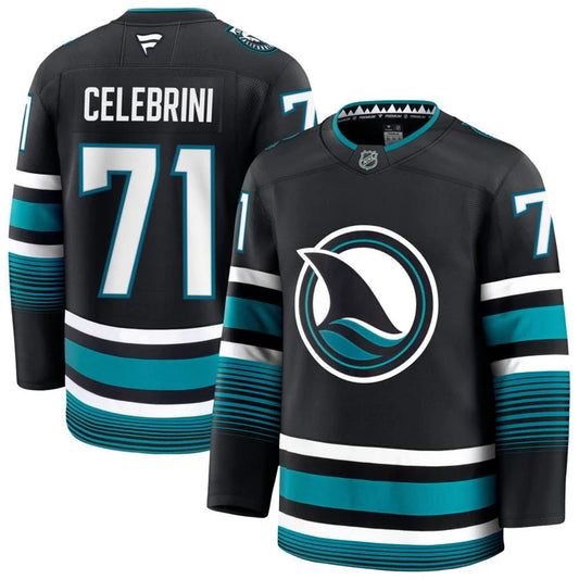 Macklin Celebrini San Jose Sharks #71 Black, Teal & White Hockey Jersey Adult Men's Sizes