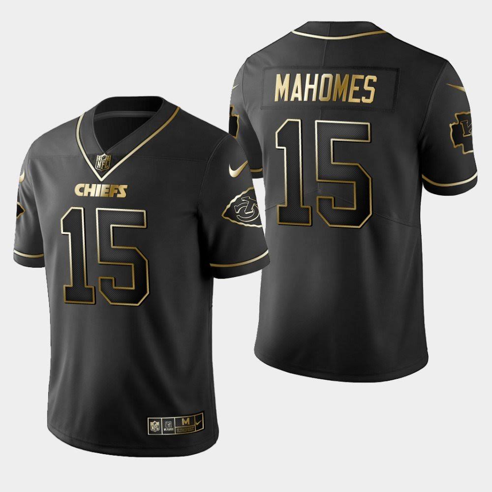 Patrick Mahomes Kansas City Chiefs #15 Black with Gold Stitching Football Jersey Adult Men's Sizes