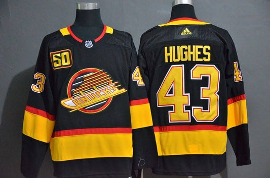 Quinn Hughes Vancouver Canucks #43 Yellow, Black & Red Hockey Jersey Adult Men's Sizes