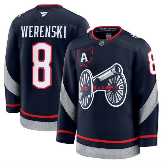 Zach Werenski Columbus Blue Jackets #8 Gray, Navy Blue & Red Hockey Jersey Adult Men's Sizes
